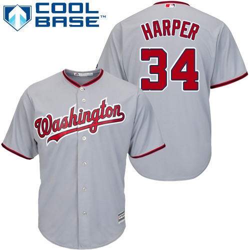 Nationals #34 Bryce Harper Grey Cool Base Stitched Youth MLB Jersey - Click Image to Close